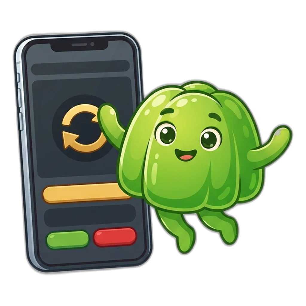 Mascota alien amigable junto a un ícono de actualización de la app en el celular