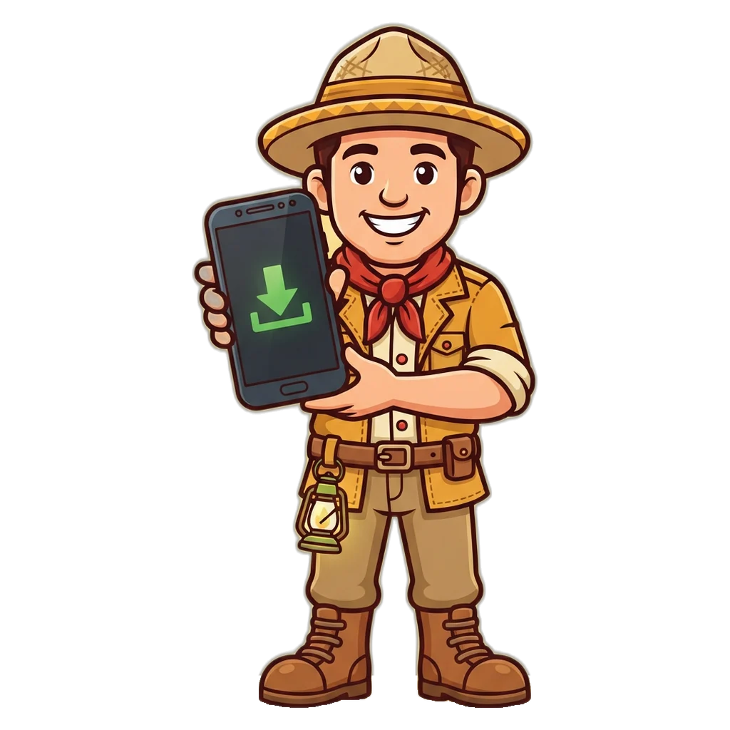 Mascota exploradora con un celular Android que muestra la descarga de la app de Taco VIP