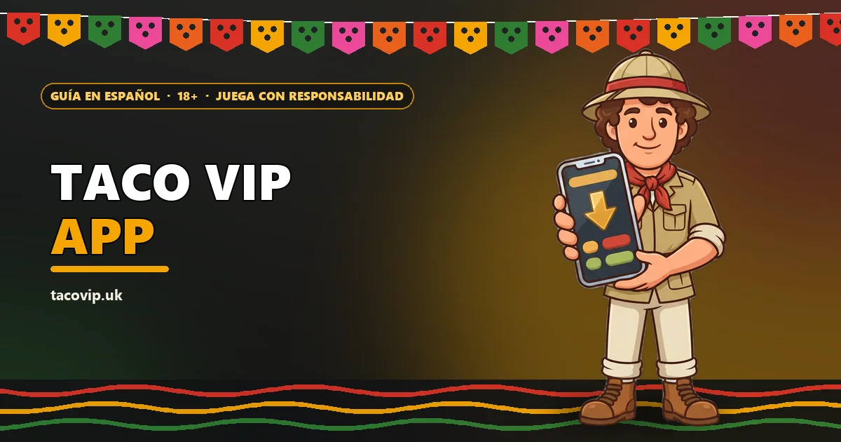 Explorador con un celular y una flecha de descarga para la guía de la app de Taco VIP