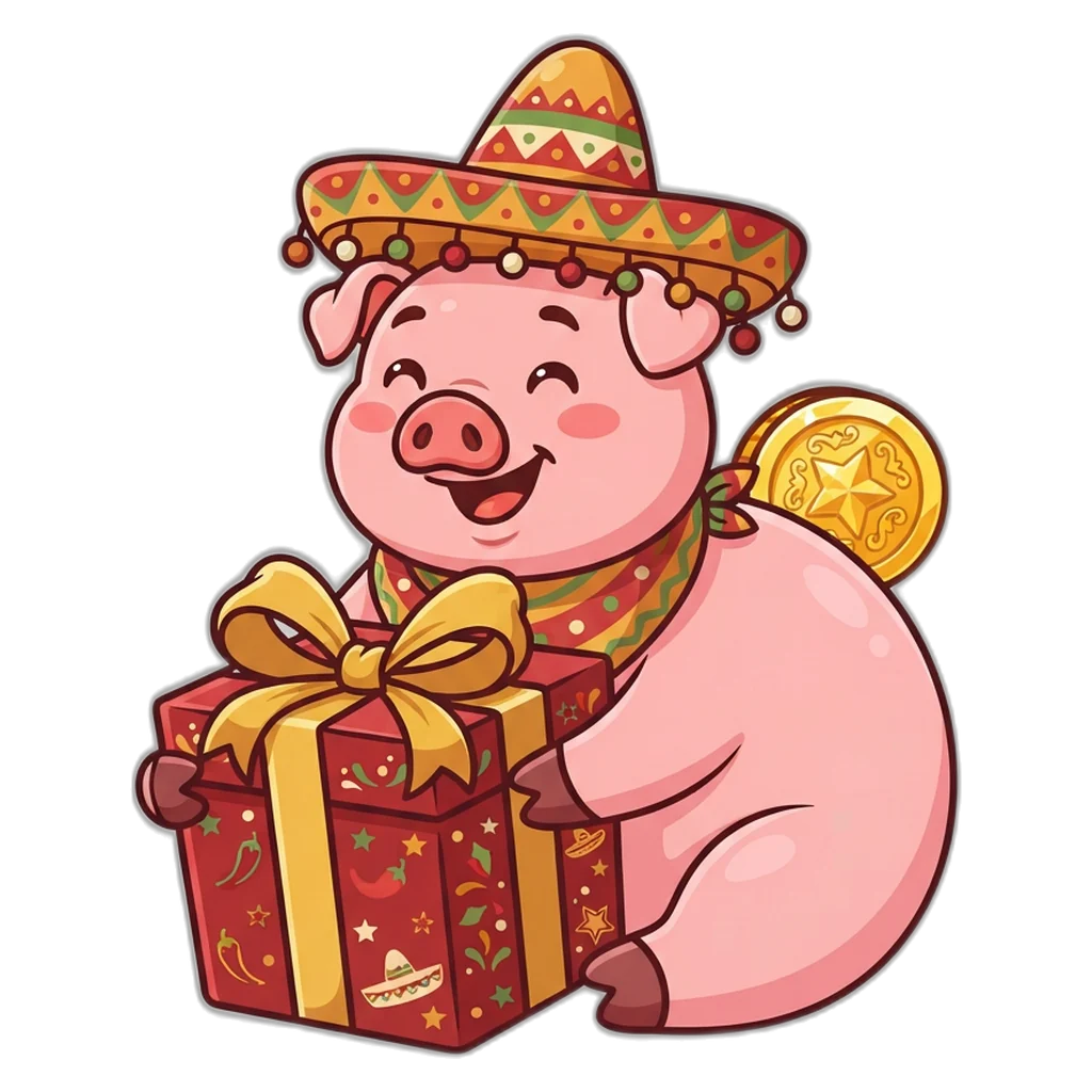 Cerdito de la suerte con una caja de regalo y un código oculto de los bonos de Taco VIP