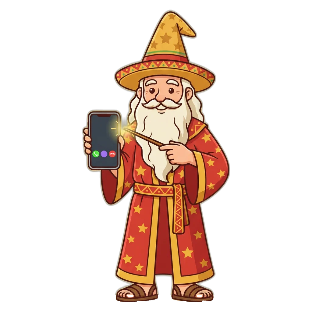 Mago señalando un celular con reloj y botones de colores para explicar cómo jugar