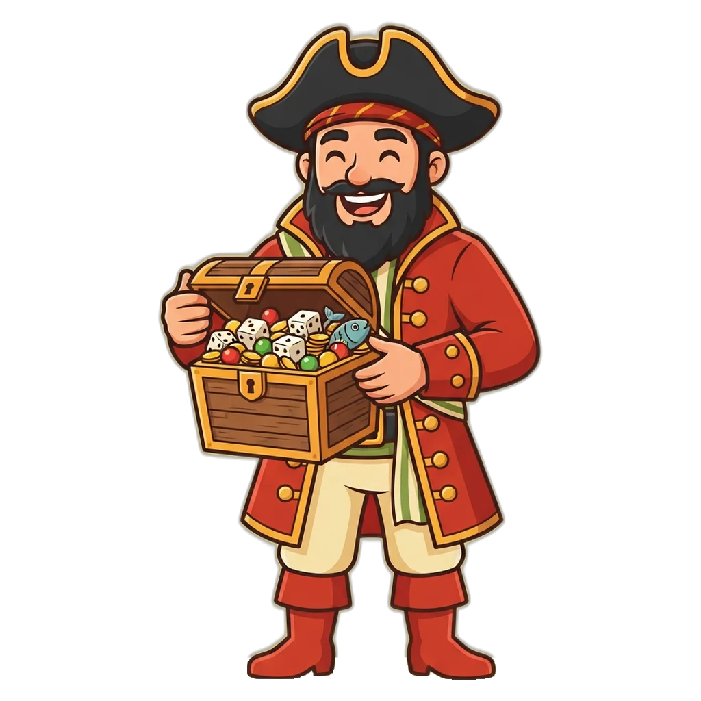 Capitán pirata abre un cofre con íconos de los juegos de Taco VIP: slot, dados, bingo, pez y balón
