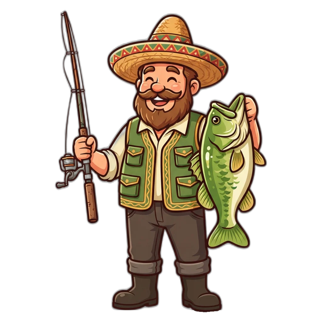 Pescador con caña junto a una pantalla de un juego de pesca con cañón y peces de colores