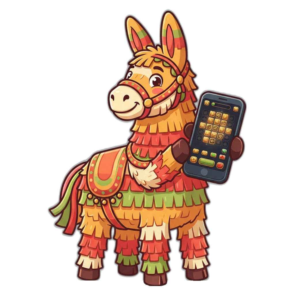 Mascota piñata con un celular que muestra el lobby de Taco VIP en pesos