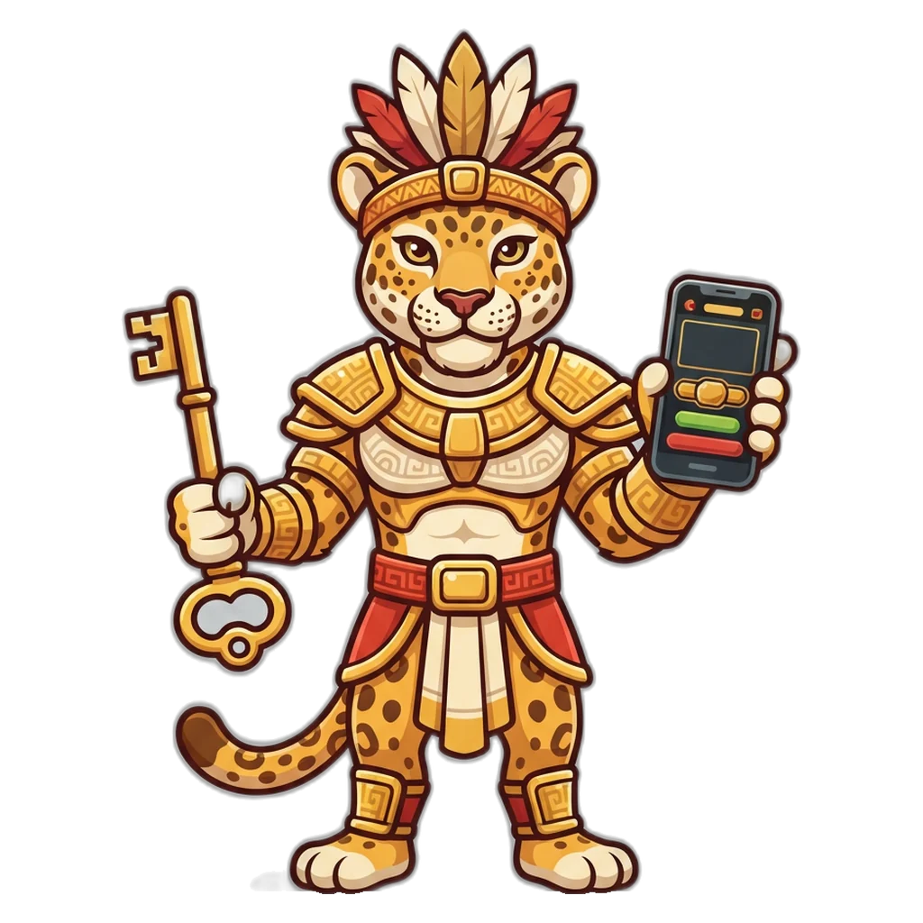 Guerrero jaguar con una llave dorada y un celular con la pantalla de Taco VIP login