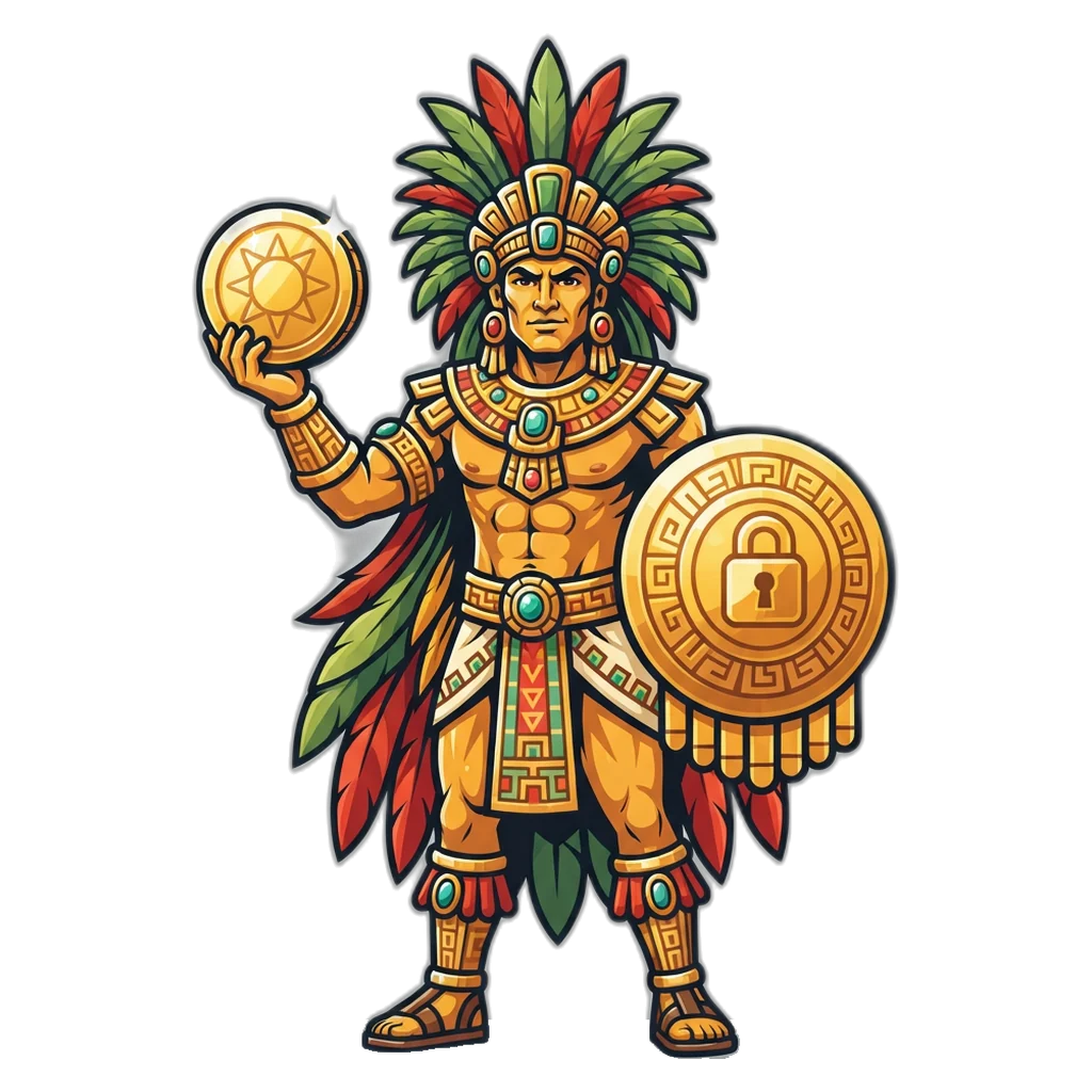 Guerrero azteca del sol con una moneda de peso y un escudo de seguridad