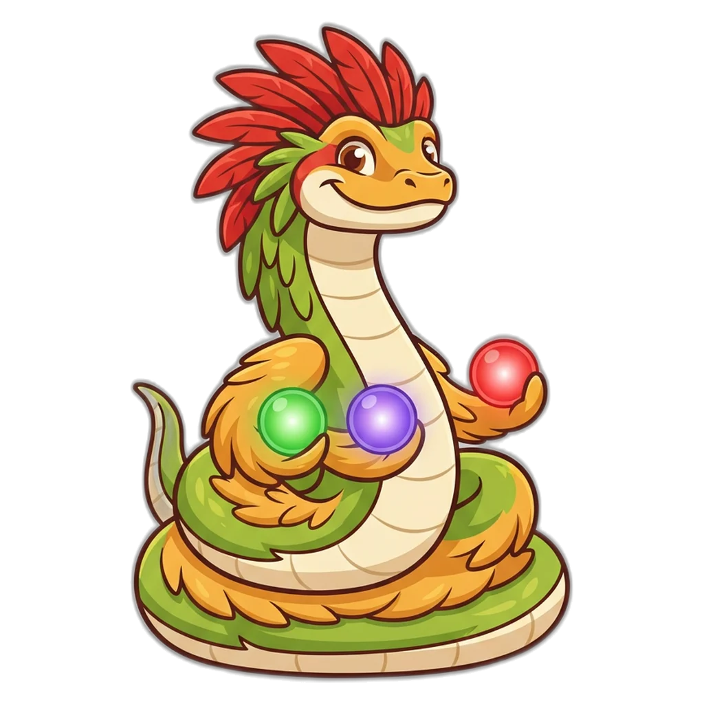 Serpiente emplumada con esferas verde, violeta y roja de la predicción de colores