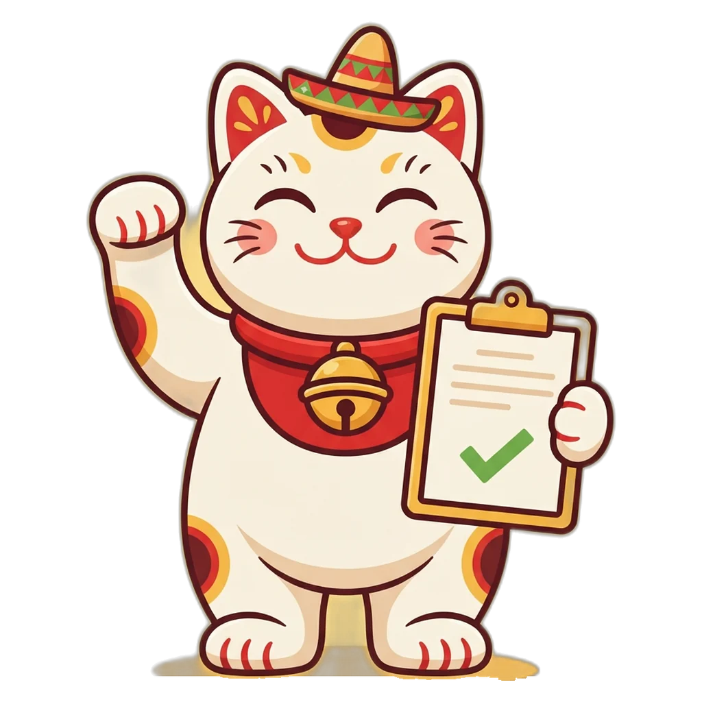 Gato de la suerte con un formulario de registro en Taco VIP y una palomita verde