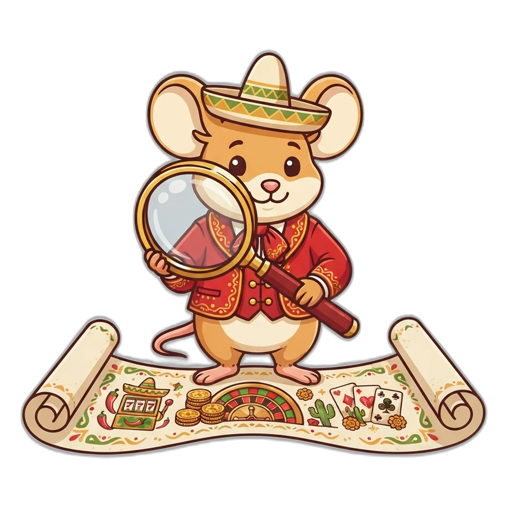 Ratón de la fortuna revisando con lupa la letra pequeña de los requisitos de apuesta