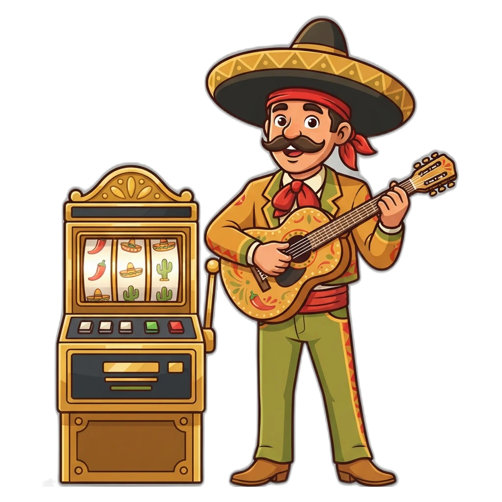 Bandido mariachi con guitarra junto a los rodillos de una tragamonedas